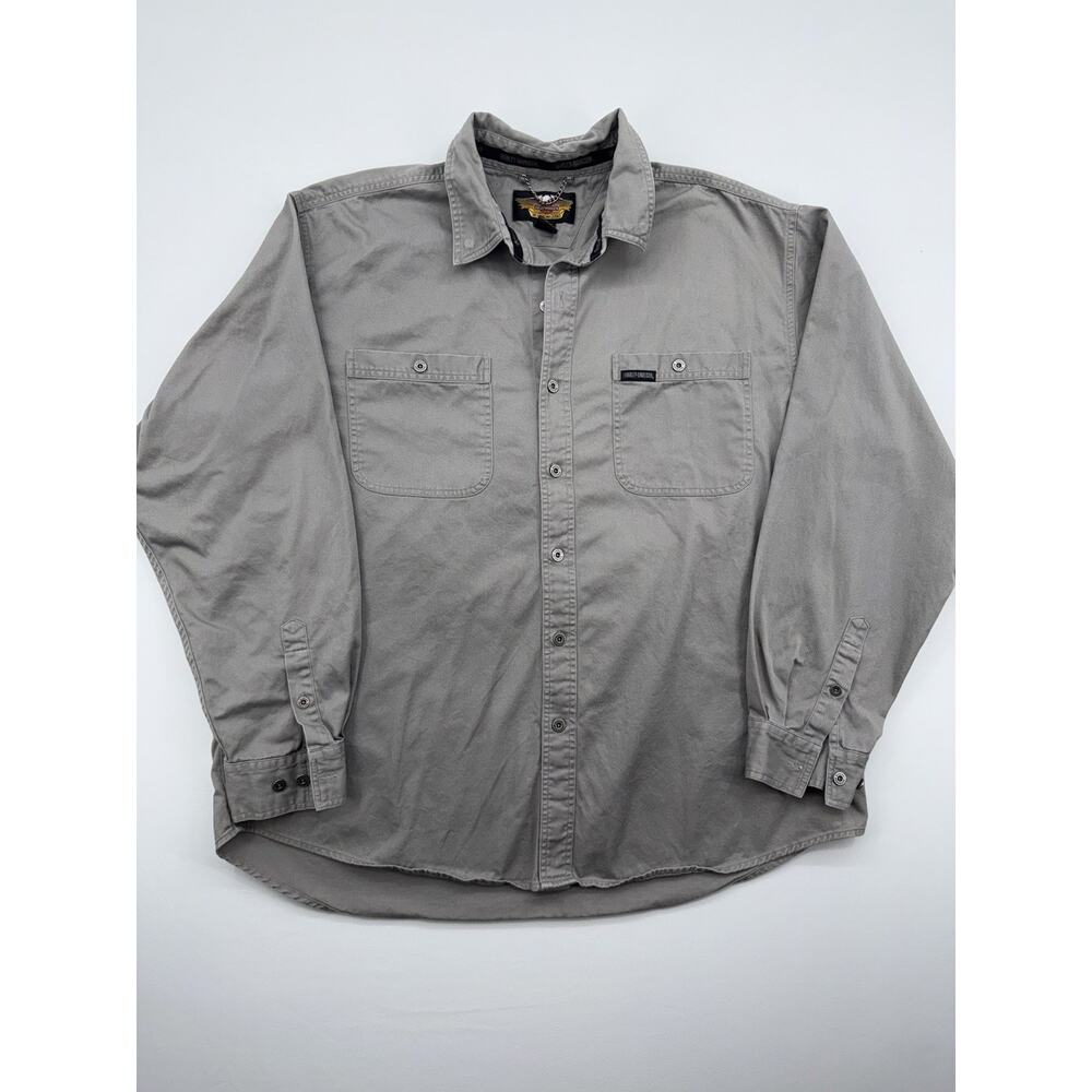 Harley-Davidson Men 2XL Grey Snap Shirt Willie G Skull Grunge Long Sleeve Canvas